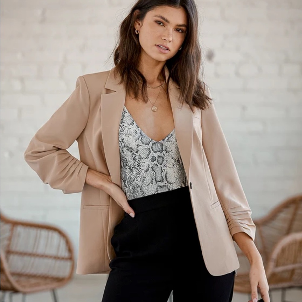 Lulus Here For Business Taupe Ruched Blazer